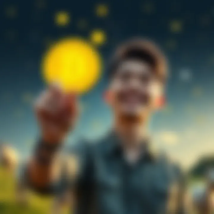 A cheerful person imagining owning a goat farm while holding a Dogecoin symbol