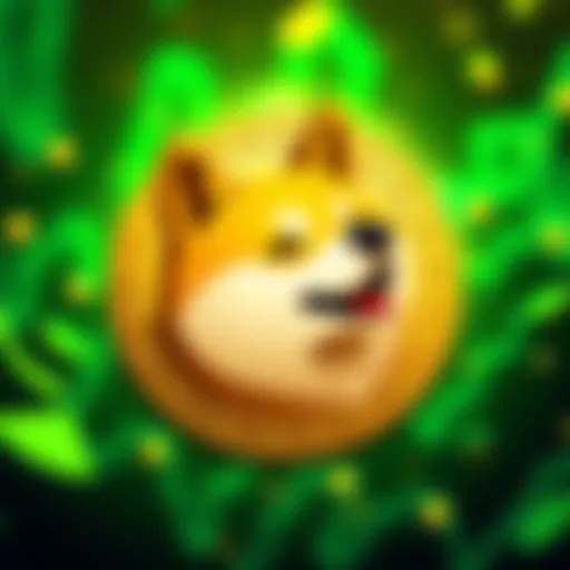 A vibrant Dogecoin logo featuring a Shiba Inu dog amidst a backdrop of green and gold, symbolizing growth in the cryptocurrency market