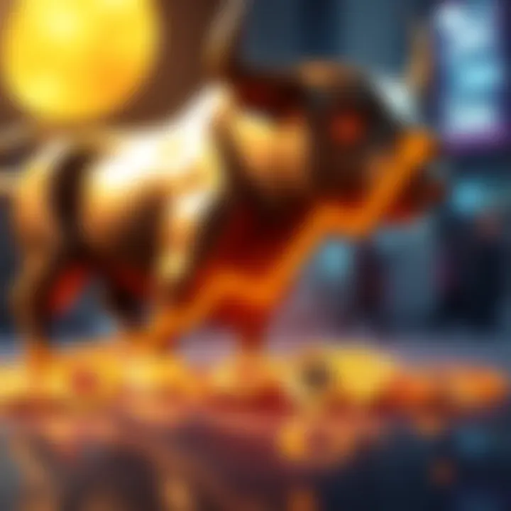 A graphic representation showing an upward trend in Dogecoin value with a digital coin icon and bull imagery in the background.