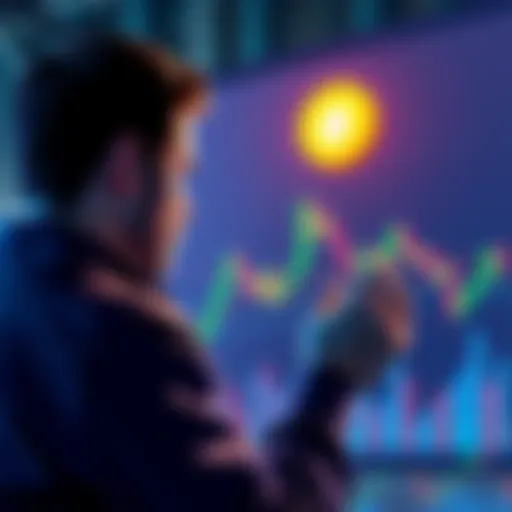 A person looking at a chart with Dogecoin logo, contemplating an investment decision