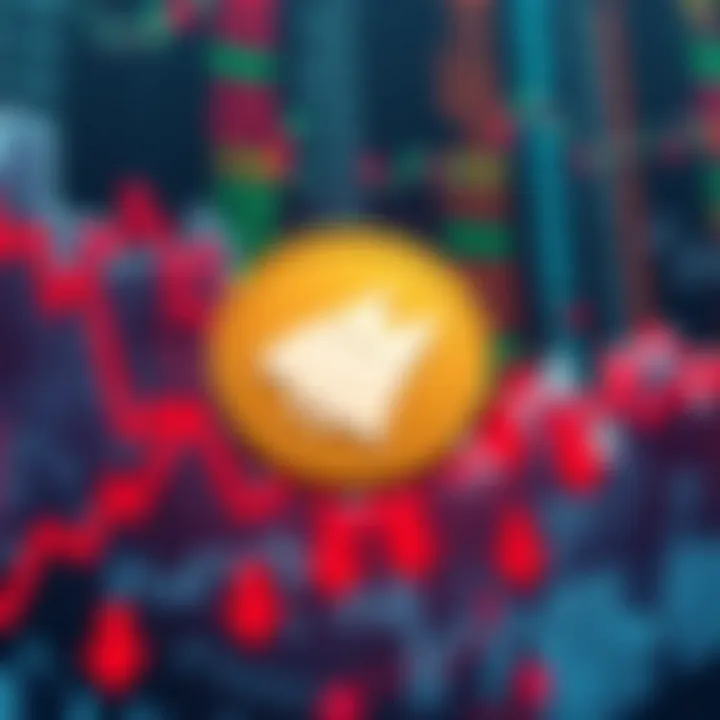 A Dogecoin symbol floating above a chaotic stock market backdrop with red downward arrows, signifying market decline.