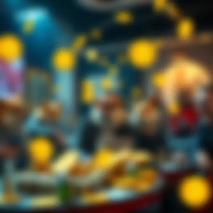 A group of Dogecoin millionaires sharing their success stories and experiences in a casual setting, with celebratory expressions and Dogecoin symbols around them.