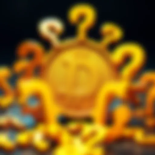 A Dogecoin symbol surrounded by various question marks, representing doubt and curiosity among holders.