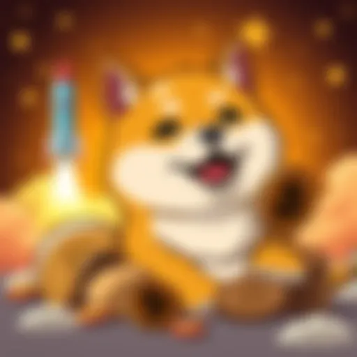 A cartoon Shiba Inu dog with coins around it, symbolizing Dogecoin's potential growth to $1 with a rocket in the background representing a rally.