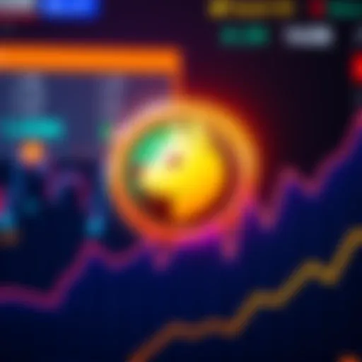 A vibrant dogecoin logo surrounded by an upward trend graph symbolizing recovery after a tough day.