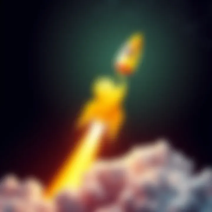 A Dogecoin logo with a rocket taking off, symbolizing hope and wealth