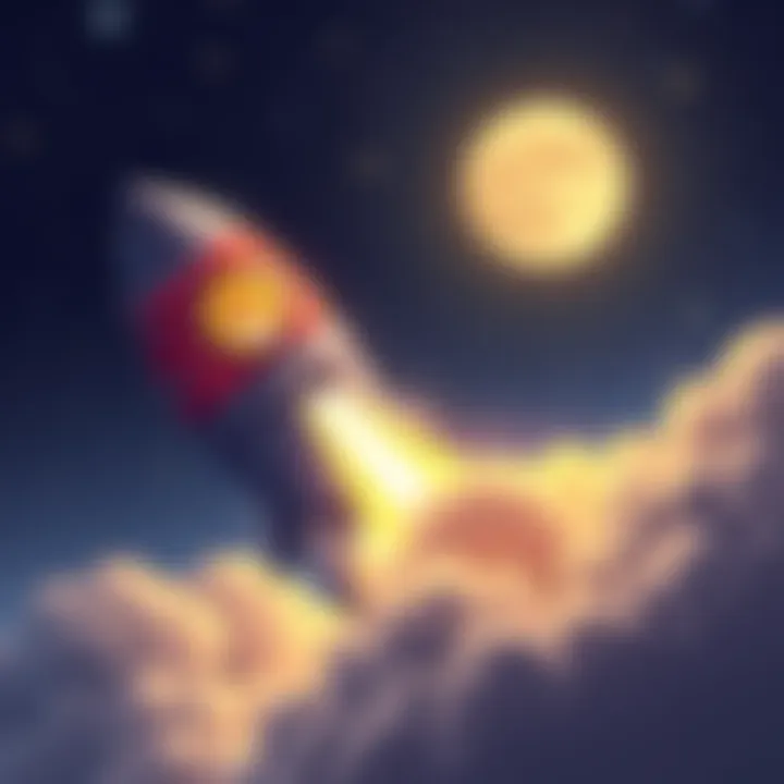 A cartoon rocket with a Dogecoin logo blasting off into a starry sky, symbolizing the potential growth of Dogecoin investments.