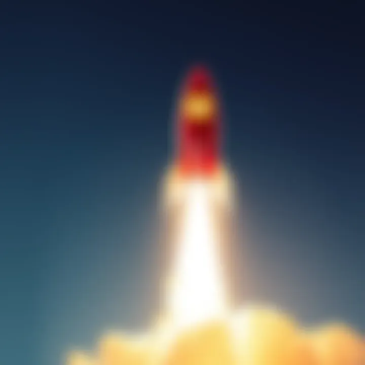 A graphic showing a rocket with the Dogecoin logo soaring into the sky against a bright background, symbolizing potential price increase.