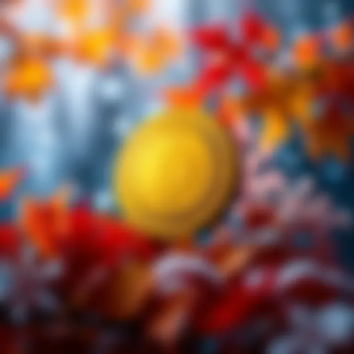 A Dogecoin symbol surrounded by autumn leaves and snowflakes, representing seasonal changes in the cryptocurrency market.