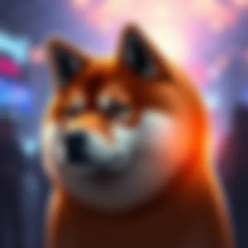 A digital representation of the Dogecoin logo with a Shiba Inu dog, symbolizing community and innovation in cryptocurrency.