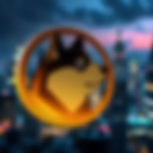 A Dogecoin symbol in front of a city skyline representing modern society and its challenges.