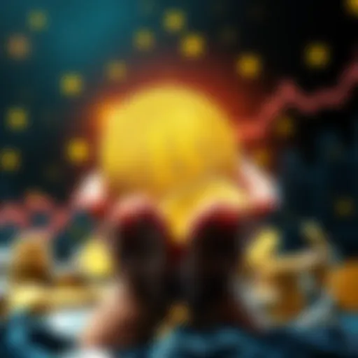 A visual representation of whale accumulation affecting Dogecoin values, showing large coins being collected by hands symbolizing big investors, against a backdrop of a rising graph.