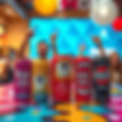 A display of DogeSoda and DogeCola cans on a colorful table with excited people in the background, enjoying the drinks.