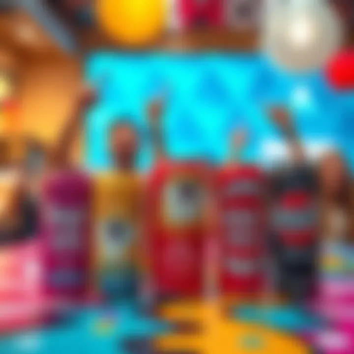 A display of DogeSoda and DogeCola cans on a colorful table with excited people in the background, enjoying the drinks.