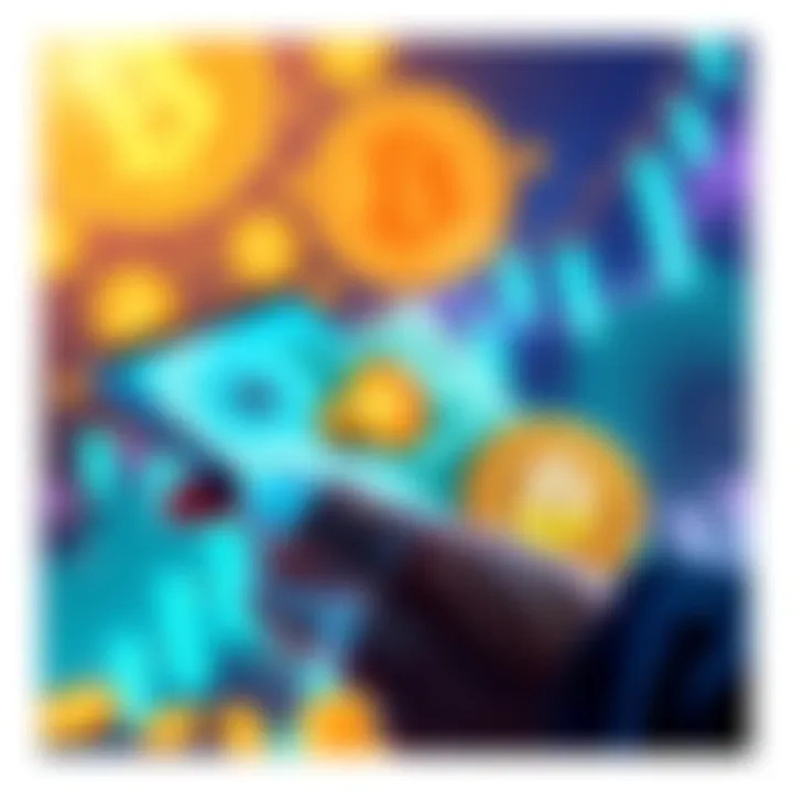 A person exchanging US dollars for Bitcoin on their smartphone, with cryptocurrency symbols in the background.