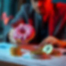 A person analyzing financial graphs with donuts and Ethereum coins on the table