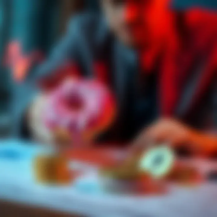 A person analyzing financial graphs with donuts and Ethereum coins on the table