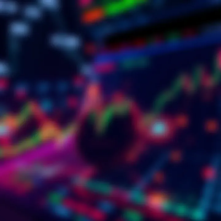A digital representation of cryptocurrency trends with graphs and icons representing Dovu and market fluctuations