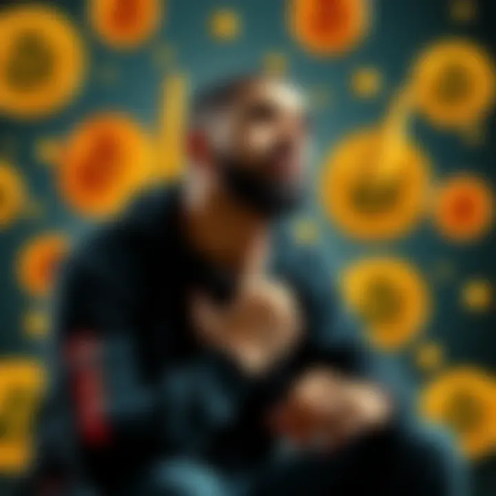 Rapper Drake sitting thoughtfully, with Bitcoin symbols in the background, representing life and cryptocurrency comparison