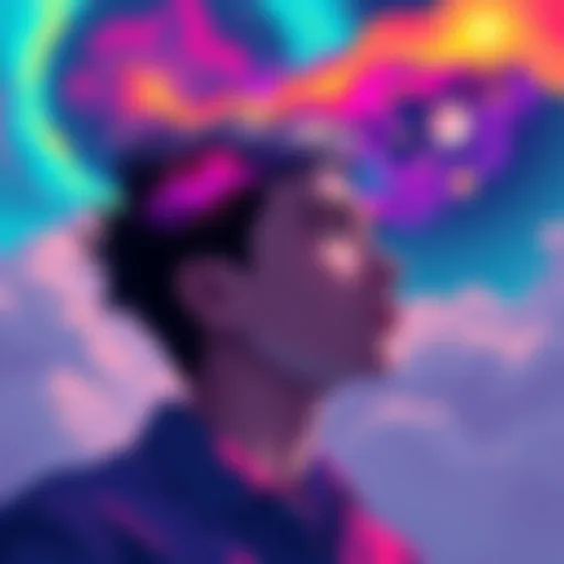 A person contemplating in a dream-like state, with vibrant colors representing future trends and opportunities