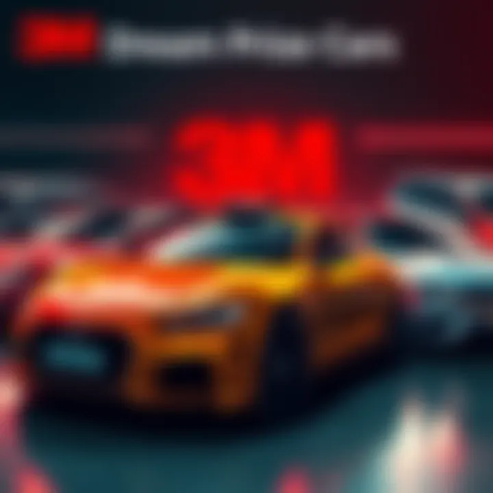 Various cars that could be won in the 3M Mission Prize draw, showcasing different styles and colors.