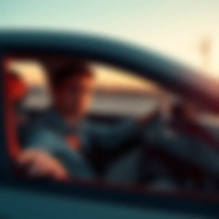 A person driving a newly purchased car on the highway without a license plate, looking concerned
