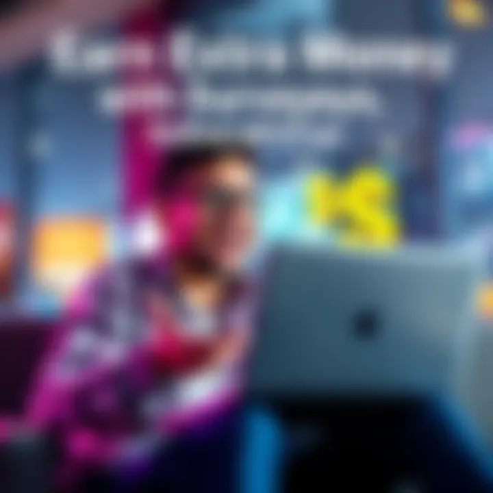 A person completing online surveys with a laptop, showing enthusiasm and a dollar sign symbol to represent bonus earnings.