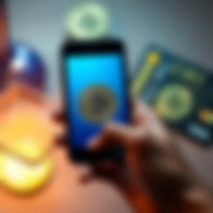 A person holding a smartphone displaying a Bitcoin logo, with credit cards in the background