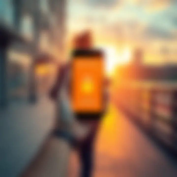 A person walking while holding a smartphone showing the Sweat Wallet app, symbolizing the $SWEAT locking feature.