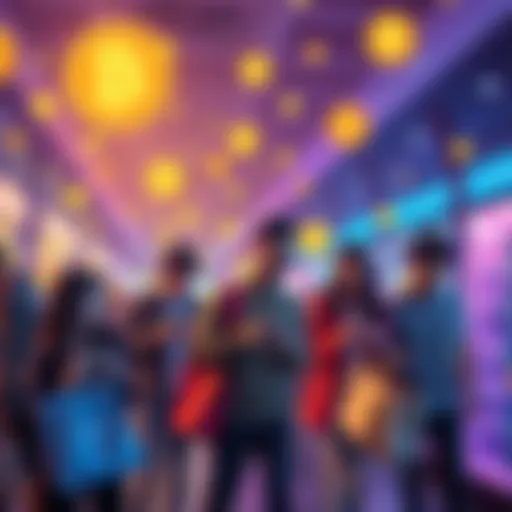 A group of people engaging in everyday tasks like shopping and using their phones, with crypto symbols floating around them, representing earnings from Klink.