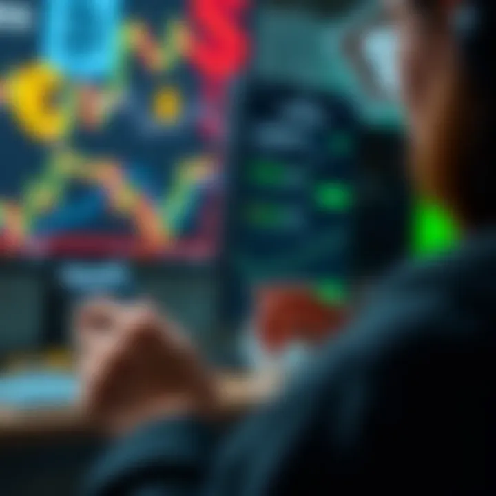A person looking at the Kraken app on their smartphone, checking yield options for Euros, with a focus on financial graphs and currency symbols in the background.