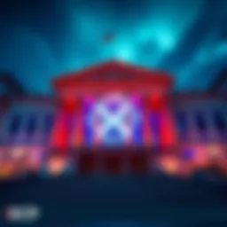 European Central Bank building with a digital blockchain graphic overlay