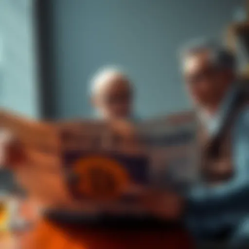 An 83-year-old man sitting at a table with a worried expression, holding a newspaper with Bitcoin headlines. His son is beside him, looking supportive and ready to talk.
