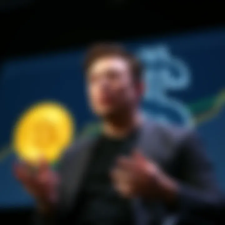 Elon Musk speaking at an event about Bitcoin's potential rise amid the U.S. dollar crisis, with a graphic showing Bitcoin and a collapsing dollar symbol in the background.