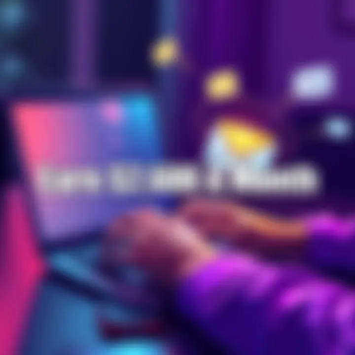Illustration of a person typing on a laptop with emails and dollar signs around