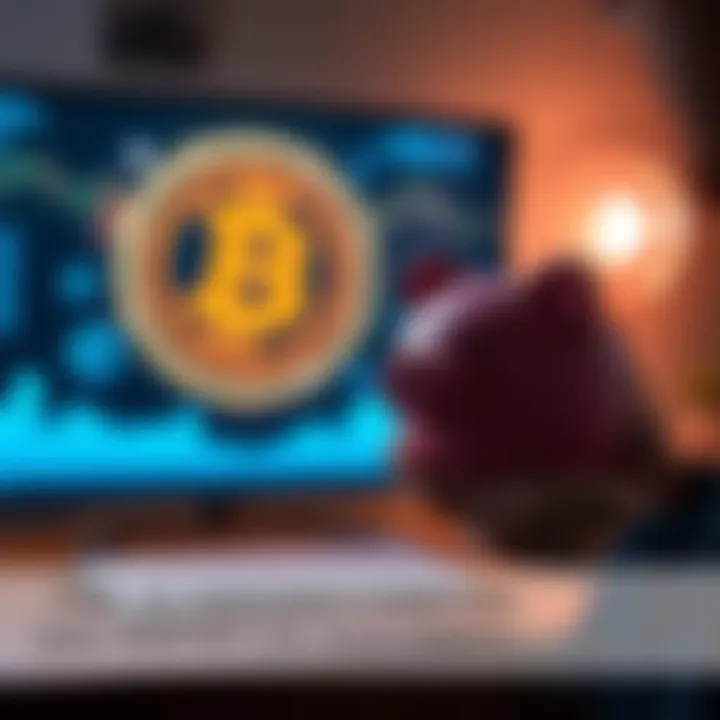 A person holding a piggy bank while looking at a Bitcoin symbol on a screen, illustrating the importance of an emergency fund to protect investments.