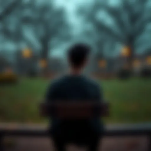 A person sitting alone on a park bench, gazing into the distance with a pained expression, symbolizing feelings of loss and heartache.
