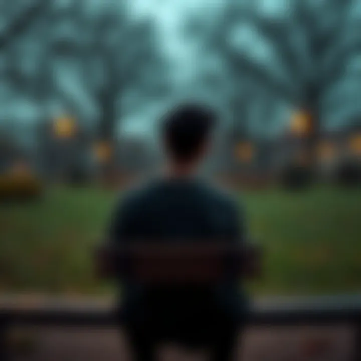 A person sitting alone on a park bench, gazing into the distance with a pained expression, symbolizing feelings of loss and heartache.