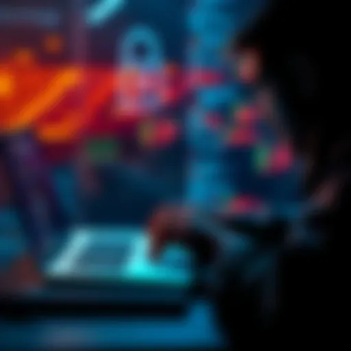 A person coding on a laptop, focused on implementing a public and private key encryption system for AES key management.