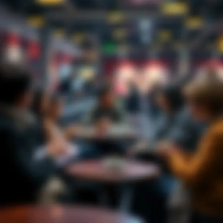 A diverse group of people sitting in a café, deep in conversation about societal issues, with notebooks and cups of coffee on the table.