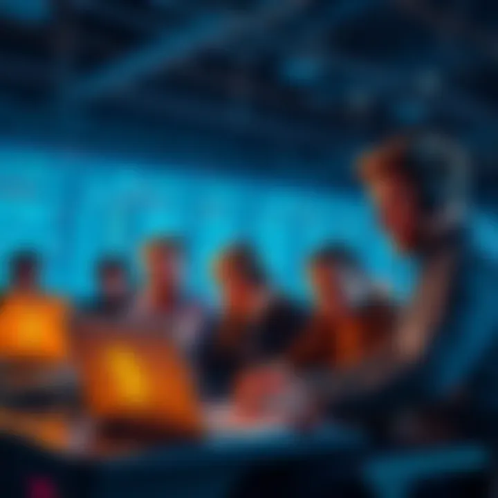 A group of individuals discussing Bitcoin and running nodes while working on laptops, showcasing community engagement.