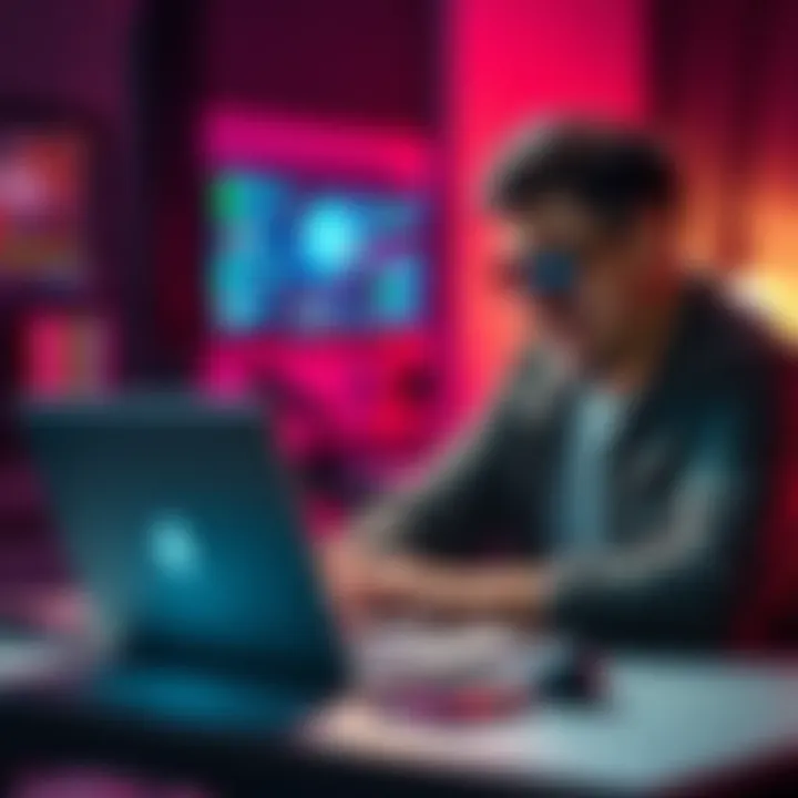 A tech enthusiast enthusiastically using the nerdqaxe++ tool on a laptop, showcasing its features.