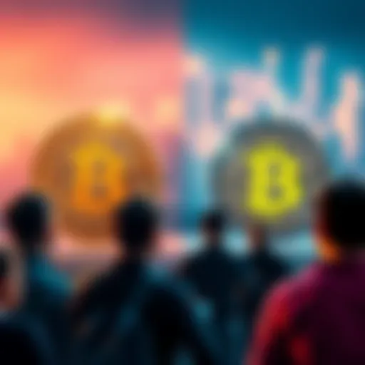 A visual comparison of Bitcoin and Ergo symbols, highlighting features of decentralization, with people discussing the future of money.