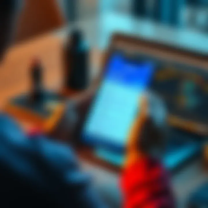 A person holding a smartphone displaying Chainlink wallet options and fees, with a laptop and crypto coins on the table