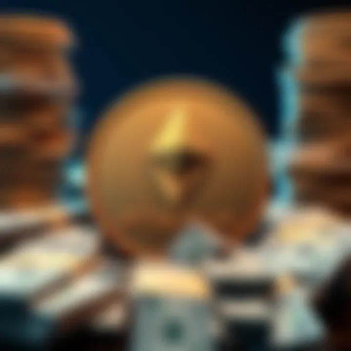 A large Ethereum coin surrounded by stacks of dollar bills, symbolizing a significant investment in cryptocurrency.