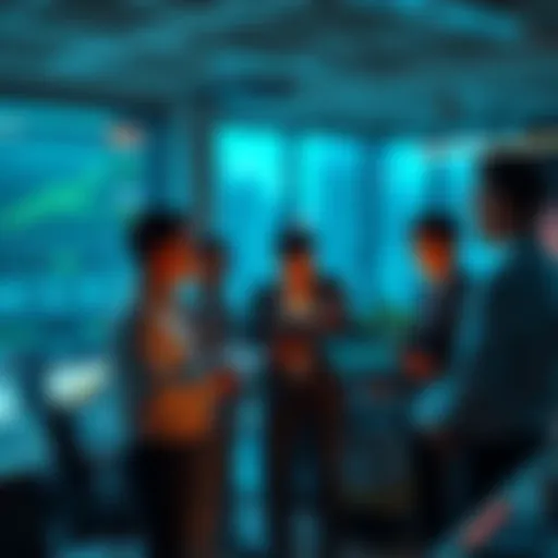 A group of investors studying charts and data related to Ethereum profits in a modern office setting.