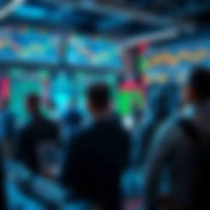 A group of Ethereum traders analyzing market data and charts on screens, discussing strategies in a lively environment.