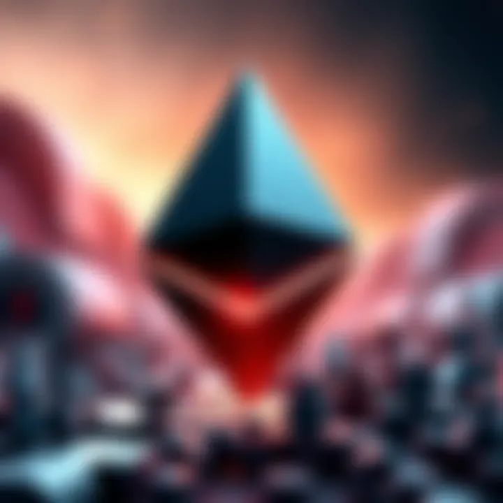 Graphic representation of Ethereum logo with upward arrows and community icons symbolizing growth and support.