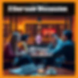 A group of people engaged in a lively discussion about Ethereum topics and news, with laptops and coffee in a cozy setting.