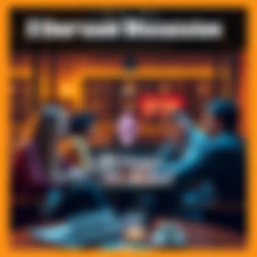 A group of people engaged in a lively discussion about Ethereum topics and news, with laptops and coffee in a cozy setting.